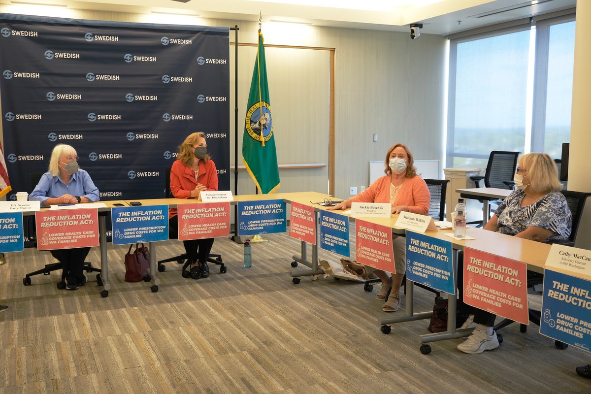 PattyMurray's tweet photo. In Issaquah with @RepKimSchrier, we spoke with advocates and seniors about how the Inflation Reduction Act will lower drug costs and hold pharmaceutical companies accountable. This bill is going to be life changing—and lifesaving—for so many seniors and people with disabilities. https://t.co/0iPRKuJ5m7