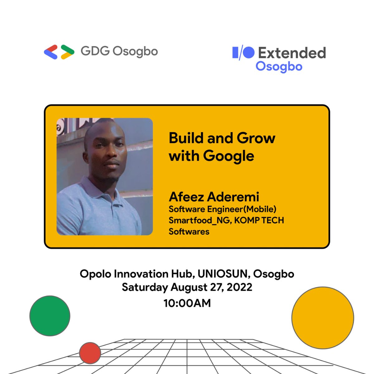 gdgosogbo's tweet photo. Meet Our Speaker 🔊🔊
We have Afeez Aderemi, GDG LEAD OSOGBO Speaking On Build and Grow with Google
#googleio
#GDGOSOGBO
🔥🔥🔥🔥😊😊💪🏽🙌🏽🔥🥳🥳🥳

@OpoloGlobal
@DSCOAU
@InsideOsogbo
@googledevs https://t.co/kc6IzJkCJD