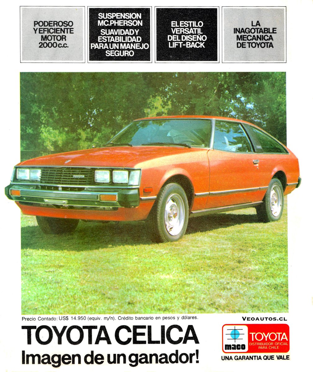 VeoAutos's tweet photo. Toyota Celica A40 Liftback Publicidad Chile Mayo 1980 Versión ST 2.0L Mecánico 5Velocidades

Nota completa https://t.co/YrRPVQHvMA

#celicaliftback #toyotacelica #celicaa40 #celica #toyota1980 @ToyotaPrensa @addict_car @thecarfactoids @YesterdaysDrive @RiveraNotario @ToyotaChile https://t.co/hXSCMMzPp9