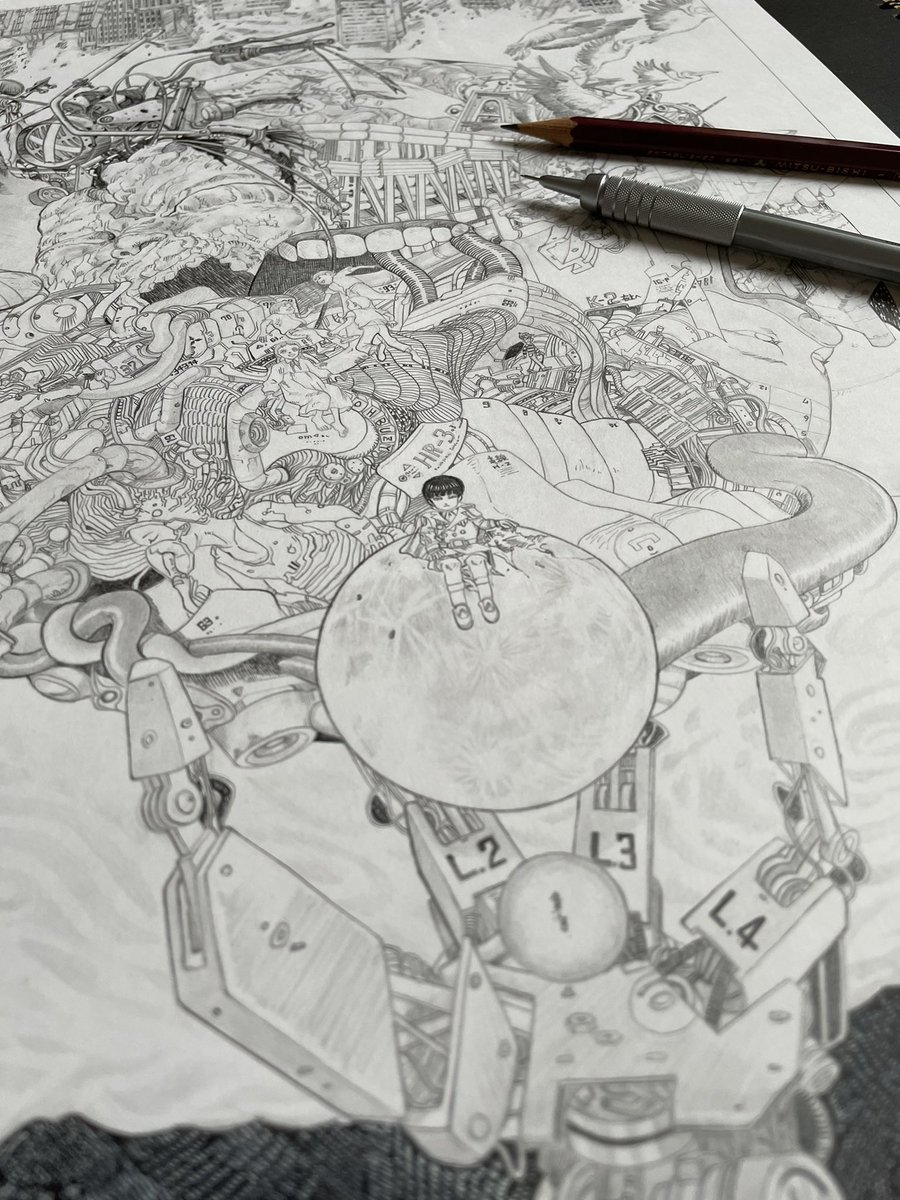 AKIRA シャーペンと、鉛筆で✏️ 20時間くらい。 どこかにウォーリーがいます👨‍🦯。 #AKIRA #大友克洋 #模写
