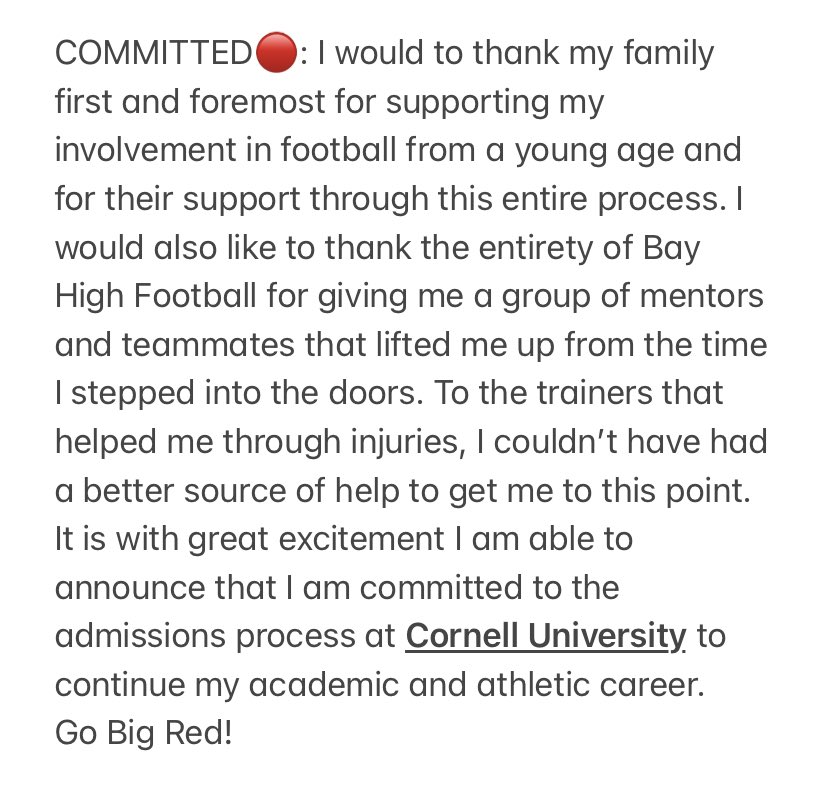 Committed!🔴⚪️
@BigRed_Football @CUCoachArcher @CoachBhakta @JaredBackus1 @SeanCascarano @CornellSports @coachrutt @BayAthletics