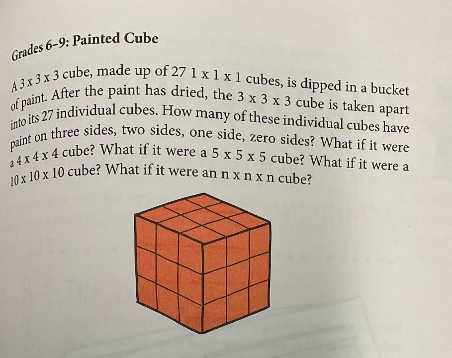 Gave my kids the painted cube task today. See photo for reference. The algebra that emerged was beautiful 🥺 a  group came up with this expression 8 + [12(x-2)] + [6(x-2)] + (x-2)^3 where x is the edge length of the cube. Each term is an answer to a question. 🔥🔥
