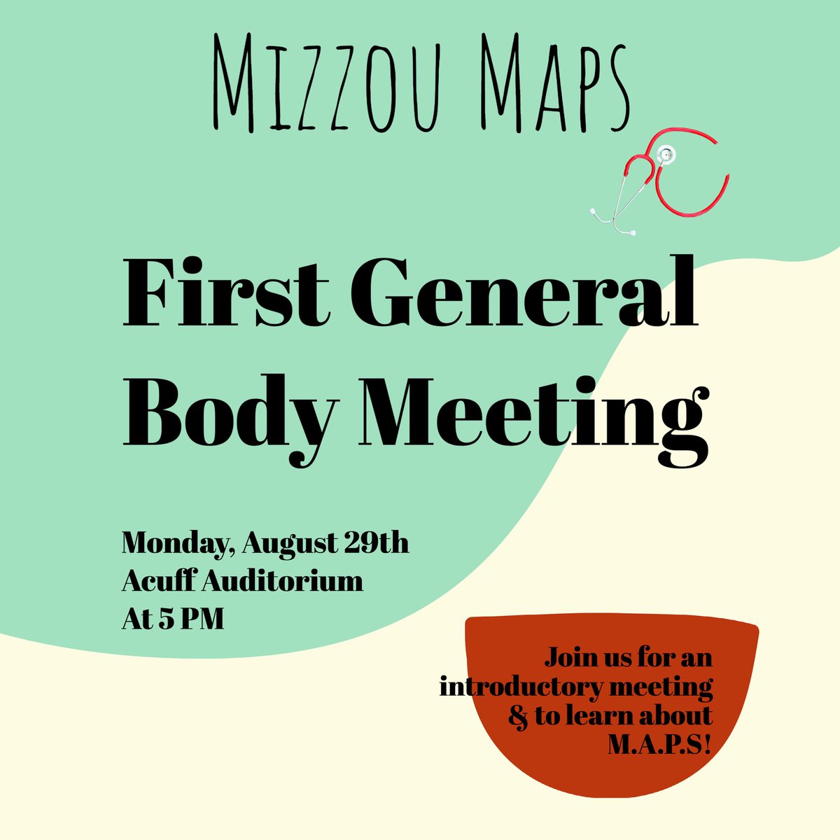 MizzouMaps's tweet photo. Join us at our first GBM in the Acuff auditorium Monday at 5 pm! The location of Acuff auditorium is in the MU Medical school. Feel free to message us if you have any questions. https://t.co/vWLeEa82ZA