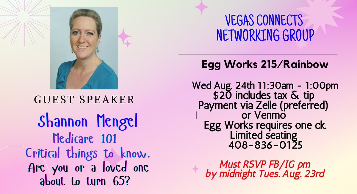 JilsJewels's tweet photo. TOMORROW!!! Vegas Connects next lunch meeting with our Guest Speaker and Medicare advocate, Shannon Mengel, Seniors Come First- Agent/Field Underwriter.
Shannon will be giving us info for those who are turning 65 or needing more information about their current Medicare program. https://t.co/wZoAhdPgr8