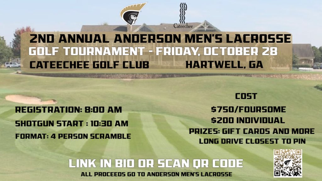autrojansmlax's tweet photo. Join us on October 28 for the second annual AU Men’s Lacrosse Golf Tournament. We will be playing at the beautiful Cateechee Golf Club in Hartwell, GA this year.

Spots are limited. Sign up today! #GoldStandard https://t.co/bdGcTqqJaZ