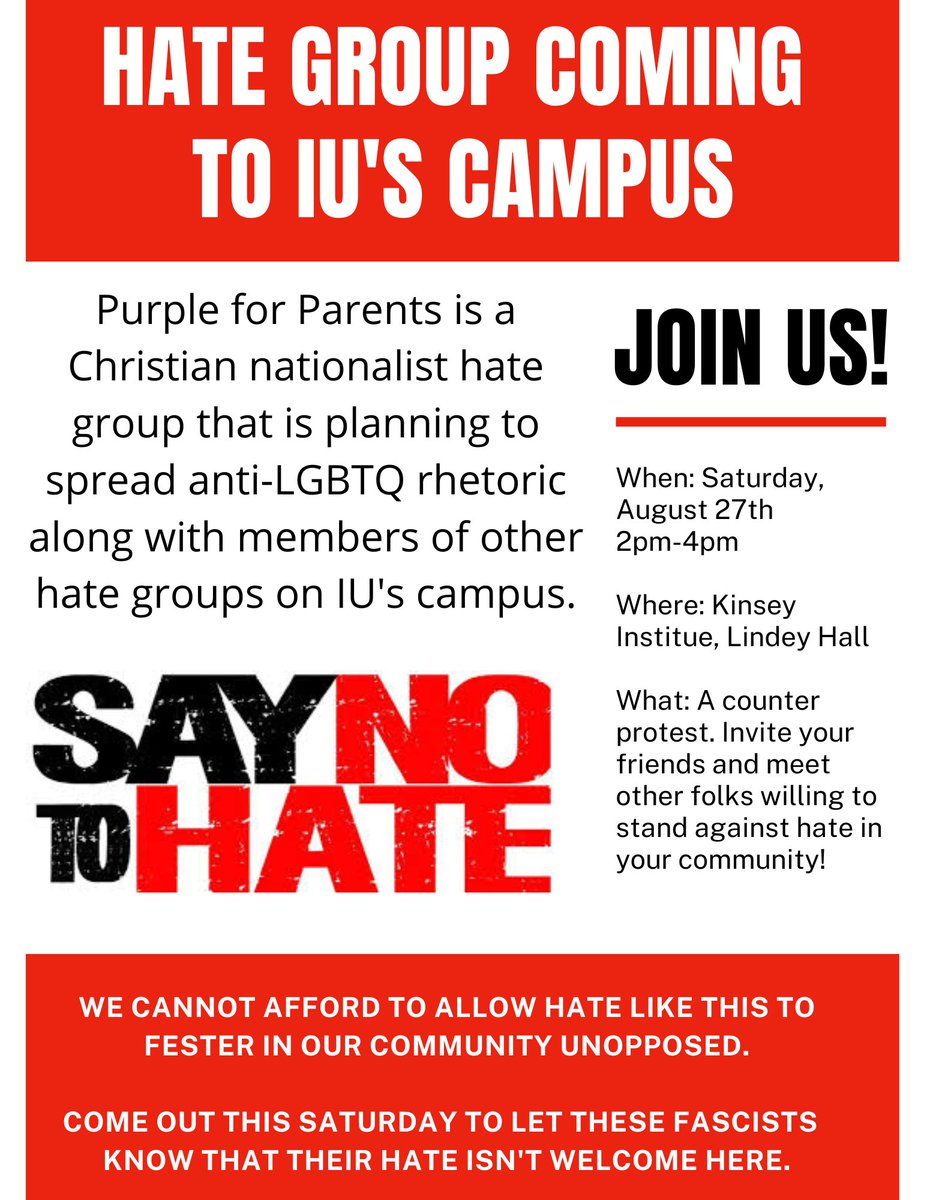 INMutualAid's tweet photo. 🚨 Bloomington, Indiana 🚨

A number of christian nationalist groups are planning a protest at the Kinsey Institue on IU's campus this Saturday, Aug 27th from 2-4pm.

Locals are organizing a response and invite anyone who can come to join them!

More on the nat c's in this 🧵 https://t.co/TyiKe3HvCq