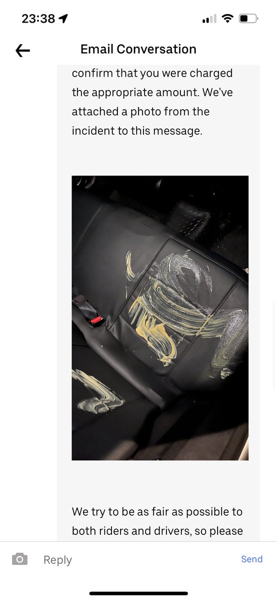 EmilyWe72883259's tweet photo. Anyone else been scammed by their @Uber driver? Been charged an £80 cleaning fee for a mess 100% not left by us. We had no food or drink with us. There are literally hand smear marks on the seats 😂after leaving a 5⭐️ review and tip! @Uber_Support, I want my money back. https://t.co/MznF9hUwR8
