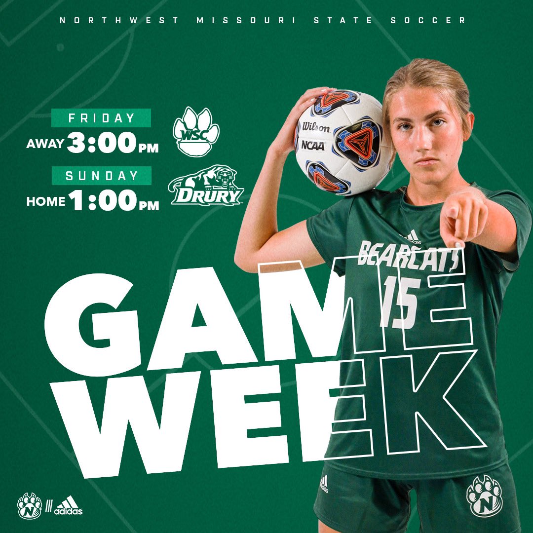 NWBearcatSOC's tweet photo. ‼️GAME WEEK‼️ Catch us on the road this Friday against Wayne State and this Sunday for our home opener against Drury University #oabaab💚🐻🐱 #respectthepaw #workfor1 https://t.co/BQBHDqEOlL