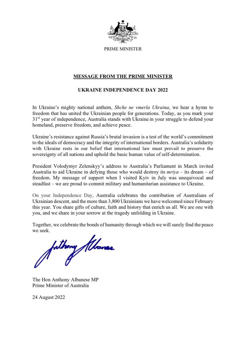 AlboMP's tweet photo. To all Ukrainian-Australians and the Ukrainian people, we stand with you in the struggle for peace and freedom on Ukraine Independence Day. 🇦🇺🇺🇦 https://t.co/k406d9zDCa