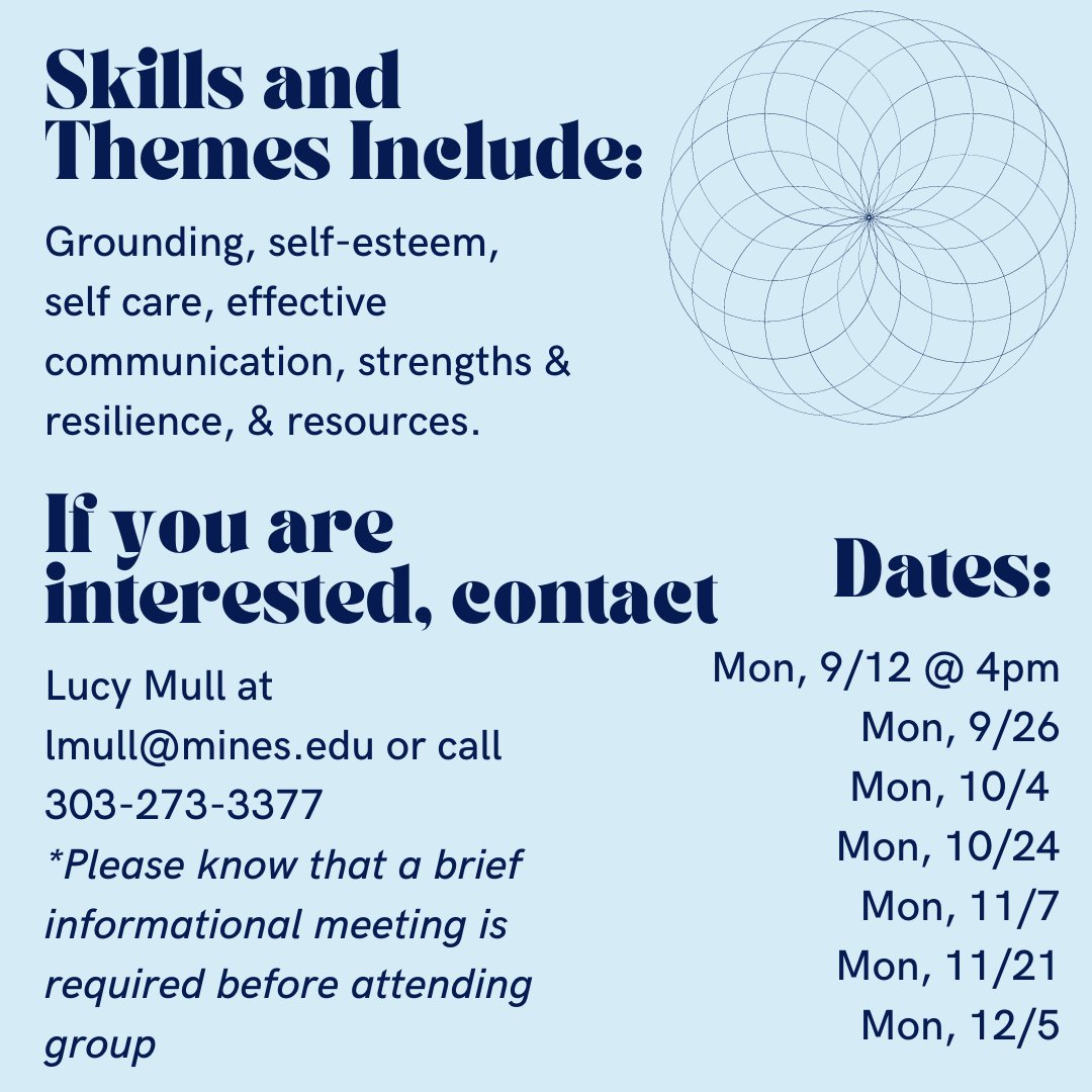 Mines Counseling Center is forming groups now!  If you are interested in learning more or joining the Survivor Support Group, contact Lucy Mull at lmull@mines.edu or call the Mines Counseling Center 303-273-3377. 
⚠️ A meeting is required before students attend this group.