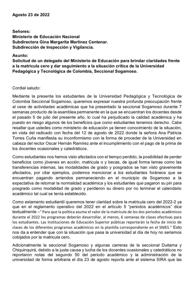 camiloa02635267's tweet photo. Carta al Ministro de Educación @agaviriau por parte del estamento estudiantil de la @universidaduptc @UPTCSecSogamoso. Esperamos su pronunciamiento señor Ministro. https://t.co/7x01hoRE5k