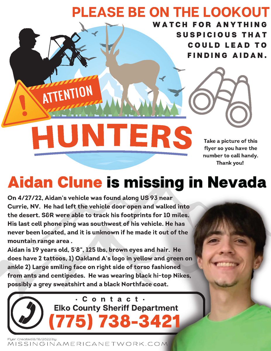 GurlGeekInFL's tweet photo. ๐ข Bag Some Bucks and Help Find Aidan Clune! ๐ฆ
We need flyers distributed in areas near Wells, NV and Elko, NV to alert hunters please. Thank you! Let's bring Aidan home!๐ #FindAidanClune #AidanClune #MissingInAmericaNetwork ๐บ๐ธ #MissingInAmerica https://t.co/2NQoUytGg0
