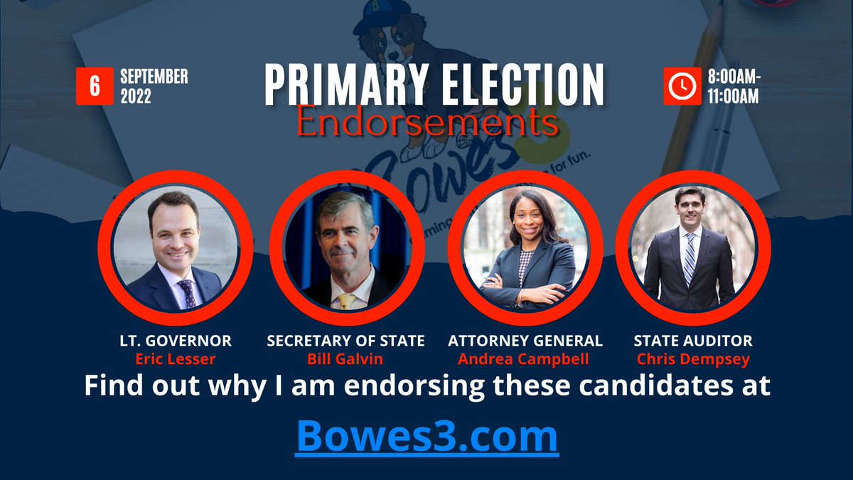 Bowes3's tweet photo. I am endorsing @EricLesser 4 #MaLtGov, @billgalvin4ma 4 #MaSOS, @AndreaForAG 4 #MaAG, and @CDEmpc 4 #MaAuditor. Visit my website for more details about why I picked these candidates. https://t.co/acgVIiF02f  #MaPoli https://t.co/maPurhqxRf
