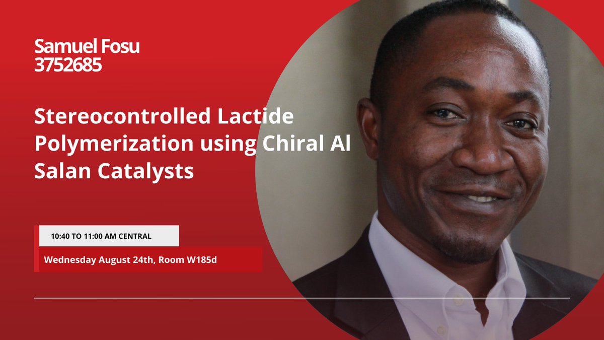 USDChemistry's tweet photo. Tomorrow at #FallACS2022, @SamiFosu will present his work in @UMN_CSP on stereocontrolled lactide polymerization. Don't miss it! #VlaisavljevichLab #USDChem @bessvlai https://t.co/QAQBc2nv9t