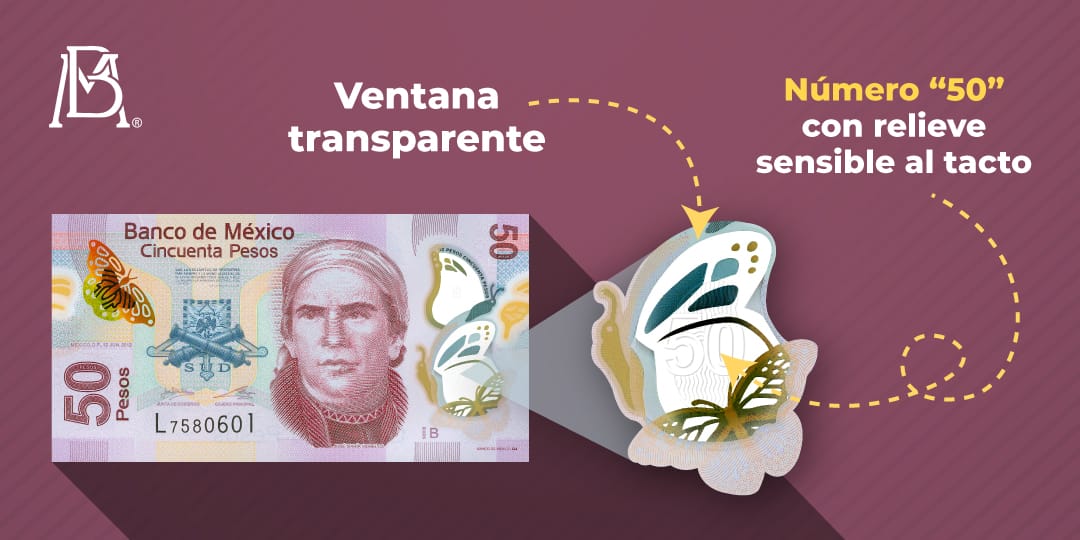 EmisionBanxico's tweet photo. La ventana transparente inferior del #Billete50 pesos de la familia F1 tiene un número "50" y líneas onduladas en relieve que ayudan a las personas con discapacidad visual a identificar la denominación.
https://t.co/2xl5A4wFVc https://t.co/Nq9OOJwmgf