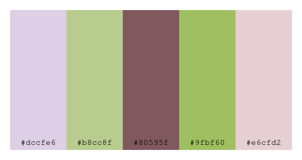 ColPaletteBot's tweet photo. Beep beep, here's a pretty color palette for you!
color-scheme.js parameters used:
- hue: 145
- variation: soft
- colors: #dccfe6, #b8cc8f, #80595f, #9fbf60, #e6cfd2
Have a lovely evening!
#twitterbot #colorpalette #colors #palette #prettycolors https://t.co/pLSoPUfaOx