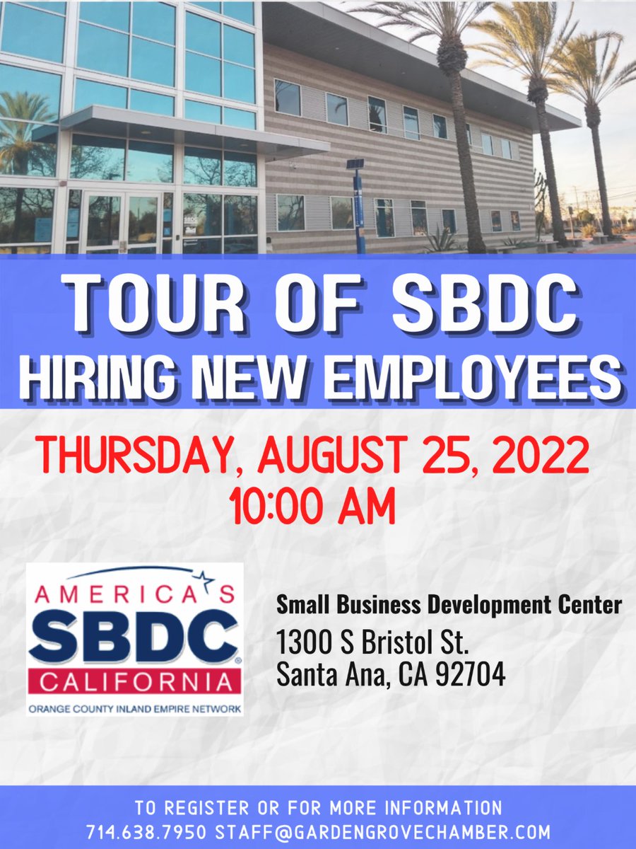 Join us for a TOUR of the SBDC!
register Here: conta.cc/3PMS1mG