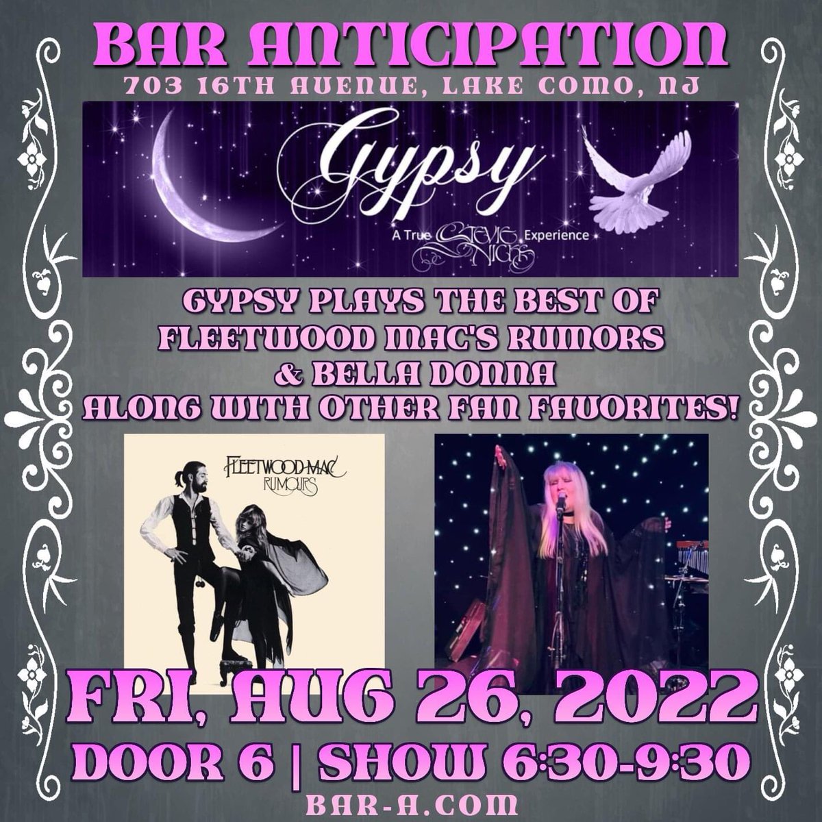 thegypsyrocks's tweet photo. This Friday night, August 26 at 6PM 
Gypsy, A True Stevie Nicks Experience at Bar Anticipation.
No worries about the weather, we’ll be playing inside on the Bar A Stage.
Doors open at 5:30PM.
General Admission Tickets only $20.
Get your tickets here -->> https://t.co/u2r0qo8iID https://t.co/b2jcwN29ef