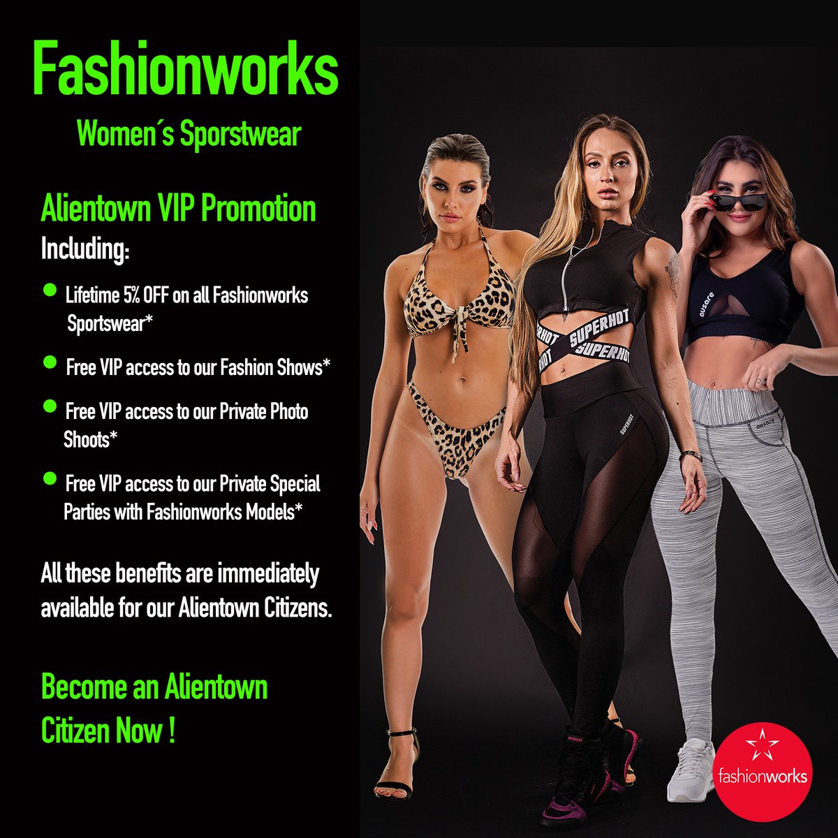 AlienTownnft's tweet photo. Fashionworks, an exclusive women's sportswear brand born in the sexy city of Miami. Has just become one of our allies. 
It offers a select collection of high-quality sportswear for women. Now, all Alientown Citizens can fully enjoy their benefits. https://t.co/JIpoeS3xhw #nft https://t.co/4rczTJtxYU