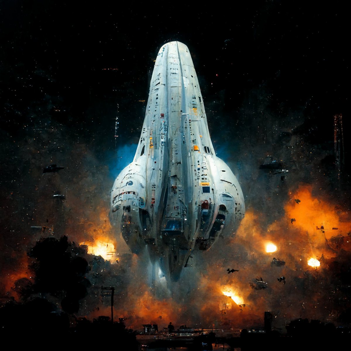 /imagine huge white damaged spaceship, venting gas, with escape pods leaving fast, and stars in the background, science fiction, photo realistic..