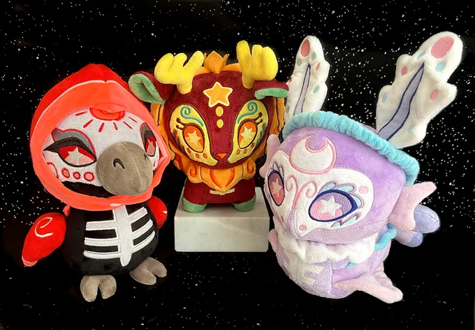 Some more  They're all made of super soft, minky fabric- The tallest stands at roughly 11 inches- Lightweight with some beanie support- The initial Kickstarter goal will fund the first 3 plushies, with the rest of the line being made available through stretch goals! 
