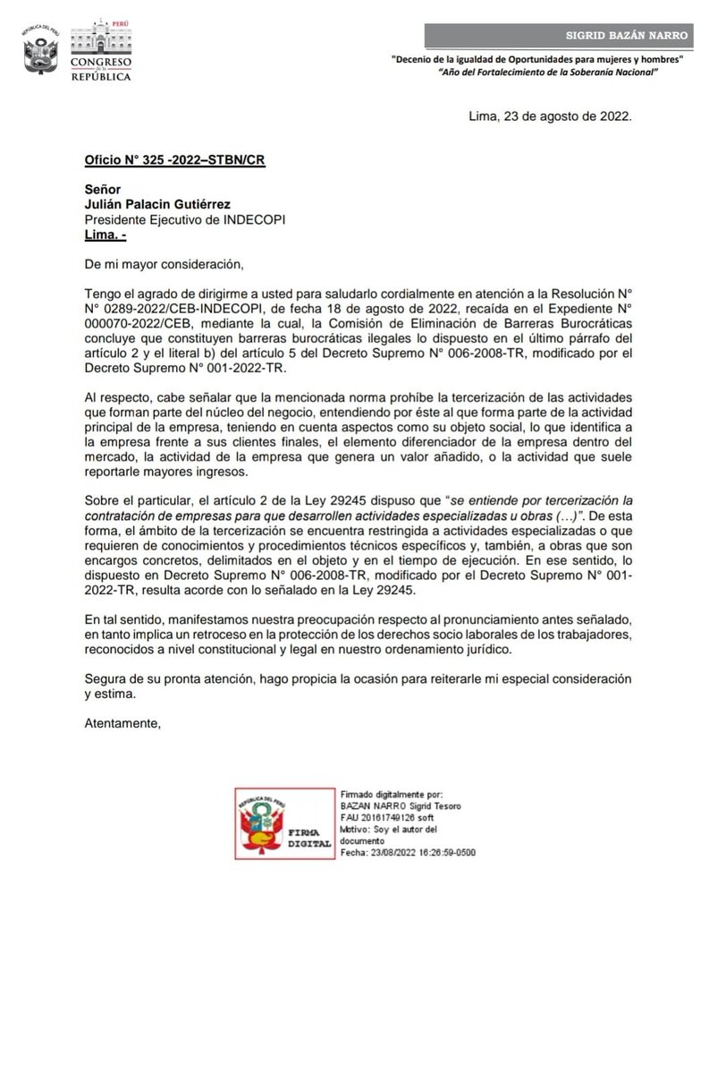 sigridbazan's tweet image. Por tanto, el DS 001-2022-TR no contraviene, sino que desarrolla la ley.

He oficiado inmediatamente a INDECOPI manifestando mi preocupación por tal resolución.

¡Los derechos laborales no son barreras burocráticas!

[5/5]