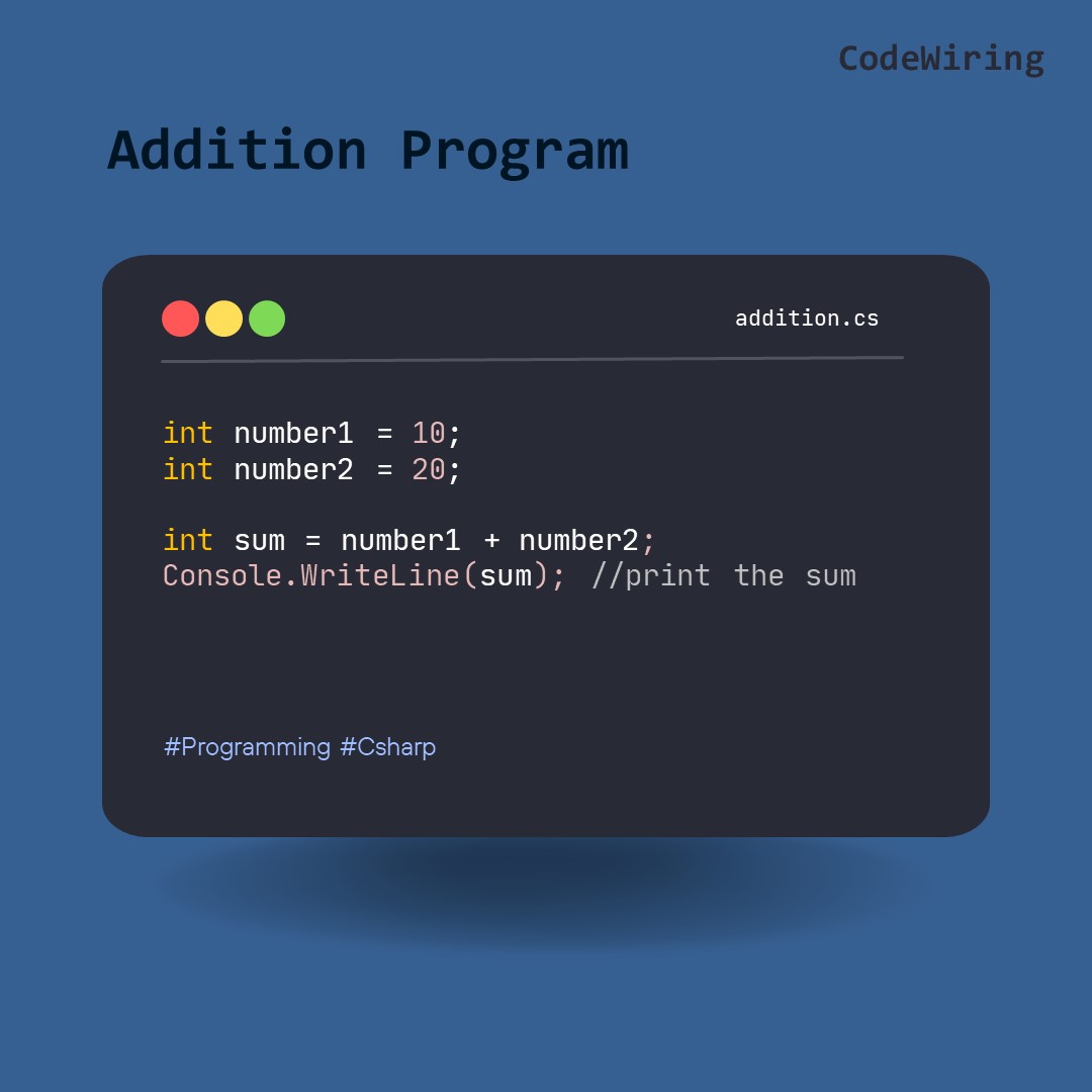 CodeWiring's tweet image. Your first simple ADDITION PROGRAM in c sharp: 
1. Declare two variables of int/float/long/double datatype.
2. Do addition method on variables and store the sum in third variable (or in already declared variable).
3. Print output.
.
.
.
.
#programming #additionprogram #csharp