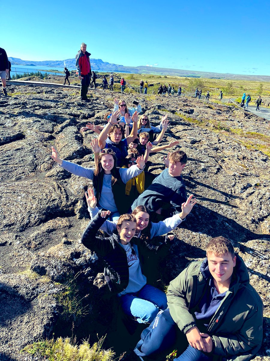 RHS_Geo's tweet photo. Day 2 of dreams for our Iceland gurus, the sun shone, the waterfalls flowed, geysirs exploded, we fell down the Mid-Atlantic ridge and the fashion sense got more questionable! @RHSSuffolk #geographyteacher #gurusontour #onlyiniceland https://t.co/EyDv3lO4HS