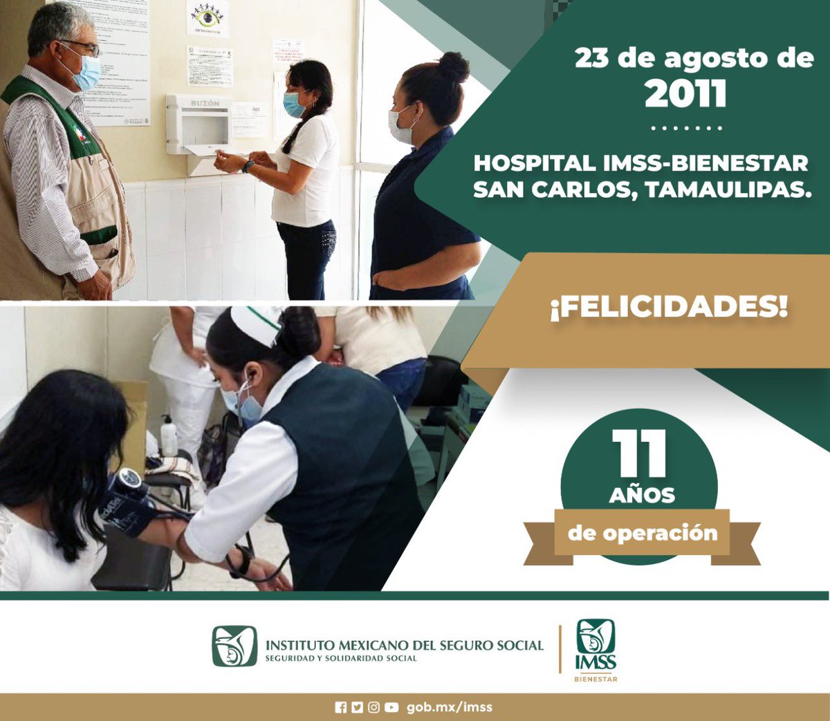 Un día como hoy de 2011 inició operaciones el Hospital #IMSSBIENESTAR San Carlos en #Tamaulipas. ¡Muchas felicidades!