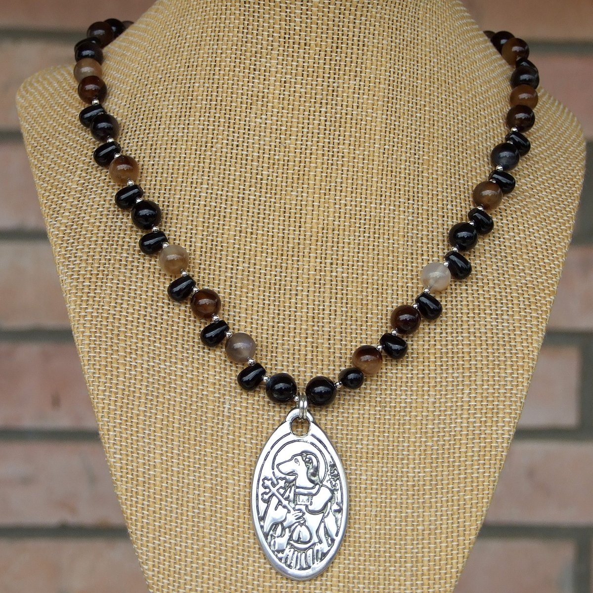 New! Iconic #dog head #StChristopher pendant #necklace w/ black agate &amp; black onyx #gemstones!  bit.ly/StChristopherSD via <a href="/ShadowDogDesign/">Catherine</a> #ShopSmall #Icon #ReligiousNecklace