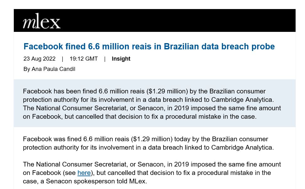 Swiftstories's tweet photo. Brazil weighed in today on the #Facebook @Meta Cambridge Analytica case with 6.6 million reais ($1.29 million) fine, although it's kind of a mulligan from a 2019 decision, by @mlexclusive colleague @candil_mlex reports. https://t.co/DrF2WB39r1 #dataprotection #privacy #regulation https://t.co/mD8j765JAB