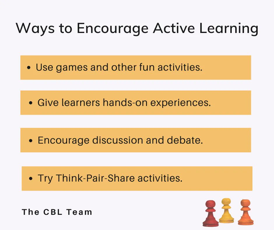 CBLTextbooks's tweet image. Are we encouraging our students to actively learn? Sometimes, it&apos;s easy to fall into patterns of only assigning readings and showing PowerPoint presentations. Here are just a few ways of encouraging more active learning.
#classroompractices #learning #education #activelearning