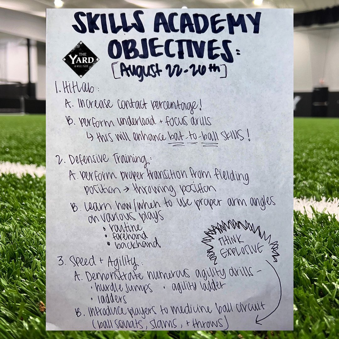 Skills Academy Objectives 
August 22nd - August 26th 

💥MAKE IT HAPPEN

#makeithappen #baseball #softball #athens #athensga #liveworkplay #oconeeco #watkinsvillega #theyard #theyardtraining #travelball #georgiabaseball #highschoolbaseball #oconeecounty #oconeecountygeorgia