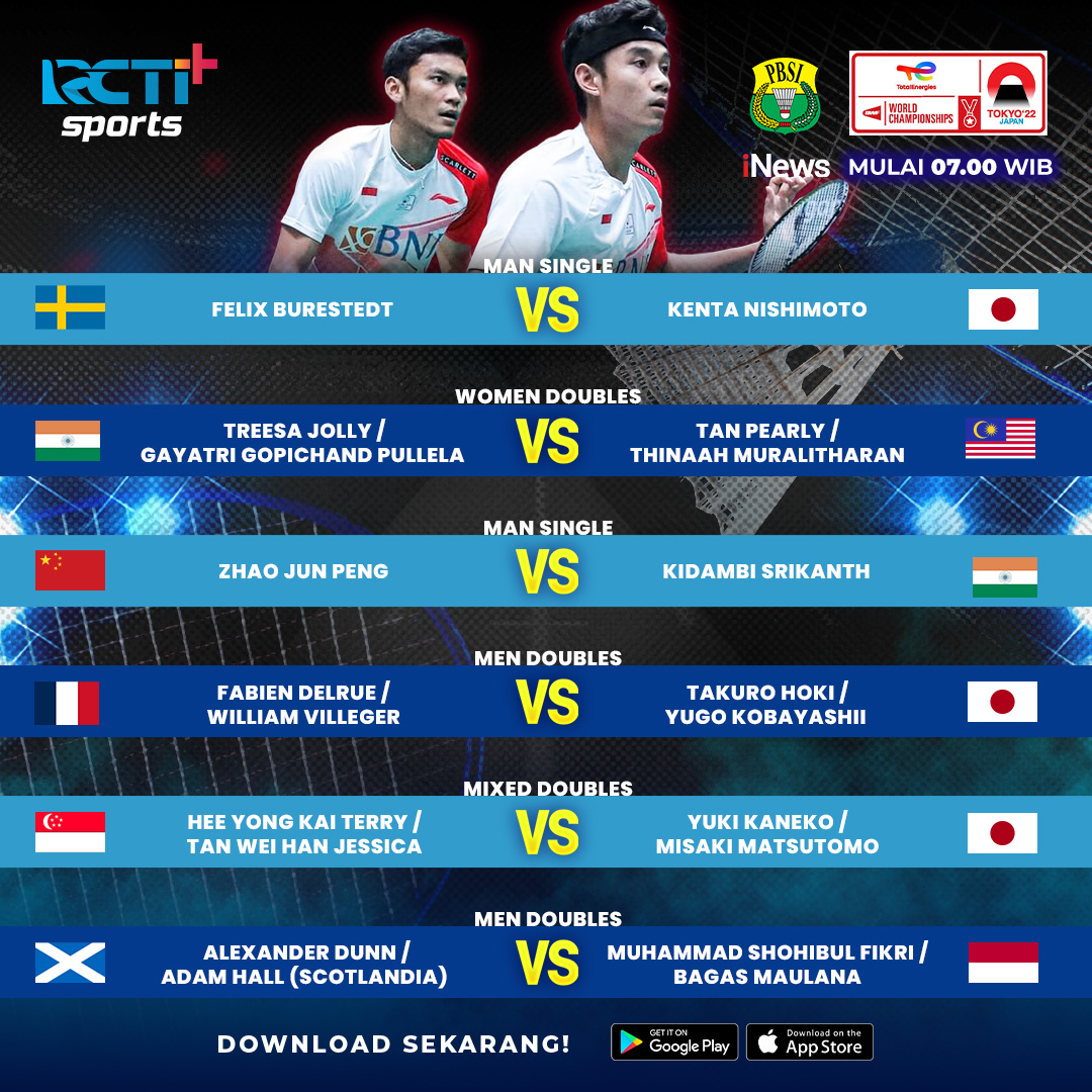 Dukung juga atlet Indonesia yang bertanding di hari ke-3 #BWFWorldChampionships!

🗓️ Rabu, 24 Agustus 2022
⏱ mulai 07.00 WIB
🔗 rcti.plus/LrAhXB

GRATIS live streaming di RCTI+

#BWC2022 #RCTIPlusSports