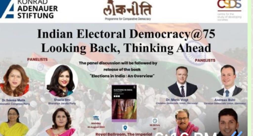 DrSeemaMalik's tweet photo. Attended the launch of the book’Indian Elections’ by Sanjay Kumar &amp; panel discussions organised by LokNiti CSDS about “India’s Electoral Democracy@75 ⁦@PawarSpeaks⁩ ⁦@praful_patel⁩ ⁦@NCPspeaks⁩ ⁦@NCP_NMCspeaks⁩ ⁦@supriya_sule⁩ ⁦ https://t.co/eFogpldONm