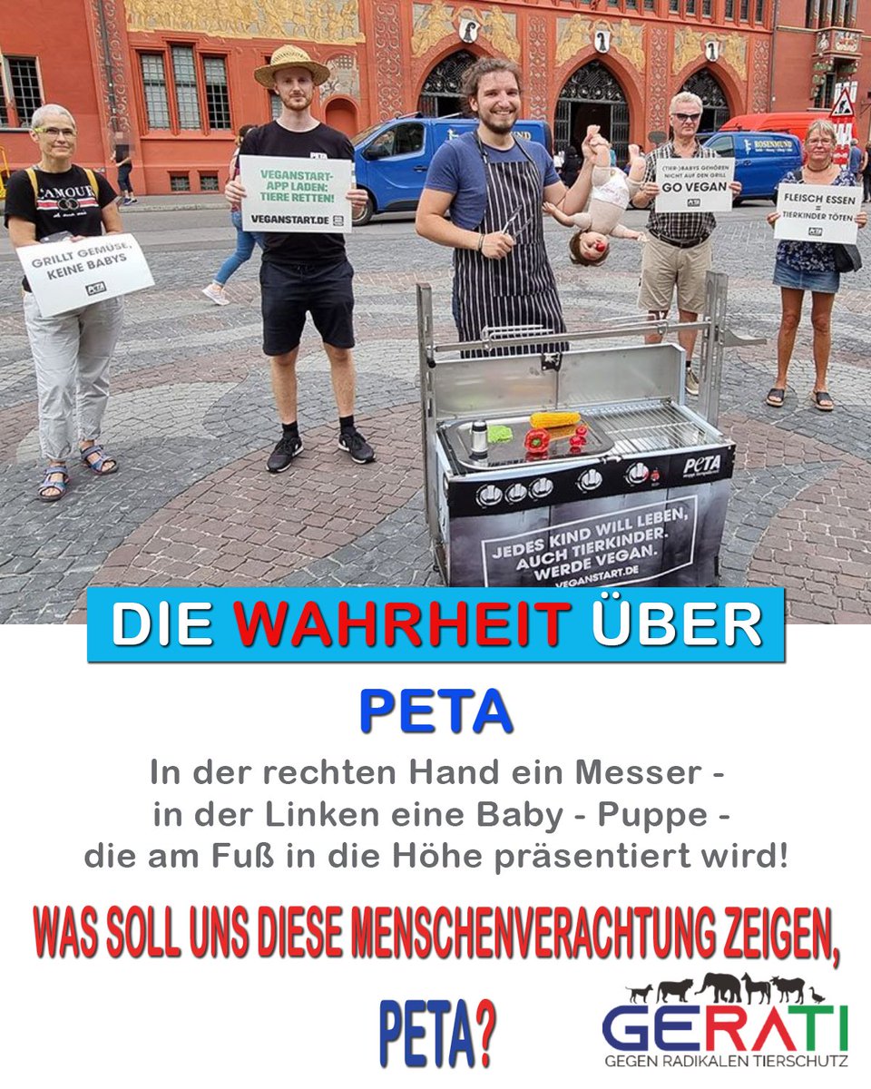 Gerati_de's tweet photo. #PETA wird immer abartiger und zeigt immer mehr Tendenzen wo sie hin wollen.

Da stellt sich ein bezahlter PETA – Mitarbeiter an einen Grill. In der rechten Hand hält er ein Messer, in der Linken zeigt er einer Baby-Puppe natürlich an den Beinen in die Höhe!

#GERATI https://t.co/jdZdTowT1s
