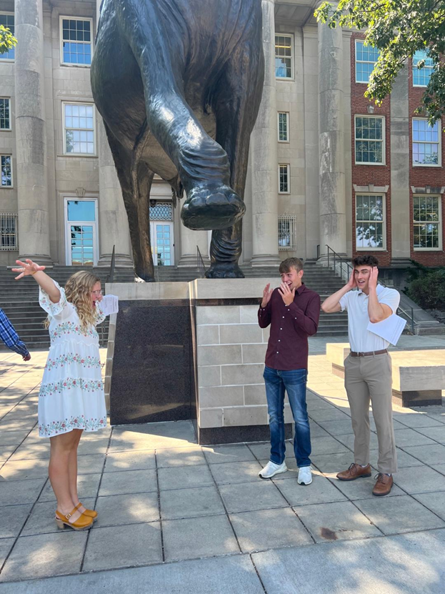 ProfSJF's tweet photo. Builders pose as velociraptors and their frightened prey! Getting out of their comfort zone, as they should. #crazyfirstdayofclass #unlbuilders #unl #nebraskabiz https://t.co/ruQ5vcuVLJ