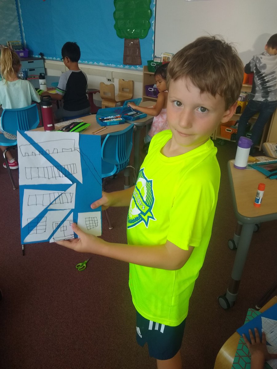 Today during math third graders designed schools from tangram pieces. We were inspired by the book School's First Day of School by Adam Rex #d39cheetahs