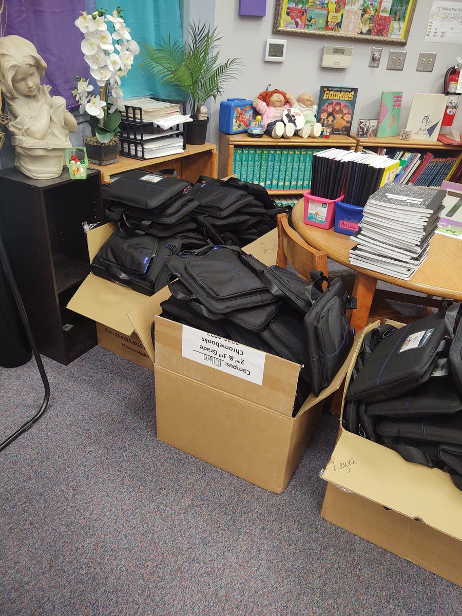 MilamMagLibrary's tweet photo. Finally all 640 student devices @MilamMagnet are scanned and handed out.  This is one tired #ECISDLibrarian.  @EctorCountyISD https://t.co/0LLgYa7J0X
