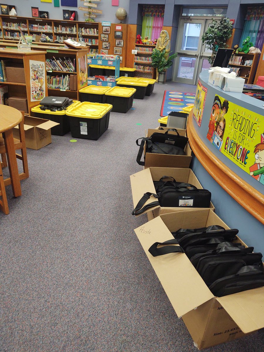 MilamMagLibrary's tweet photo. Finally all 640 student devices @MilamMagnet are scanned and handed out.  This is one tired #ECISDLibrarian.  @EctorCountyISD https://t.co/0LLgYa7J0X