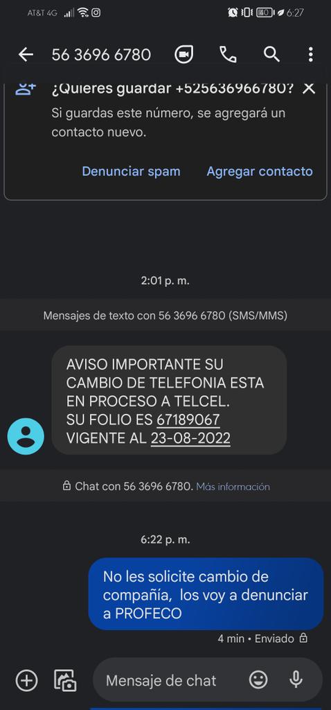StarFighter1306's tweet photo. @Profeco Como puedo poner una queja? Me mandaron un mensaje de @Telcel donde me están cambiando de compañía cuando yo no les autorize ni solicité dicho cambio.  Estoy muy molesta ya me marcaron de mi compañía para saber si pedí la baja #telcelfraudulento https://t.co/4OS2assxJh