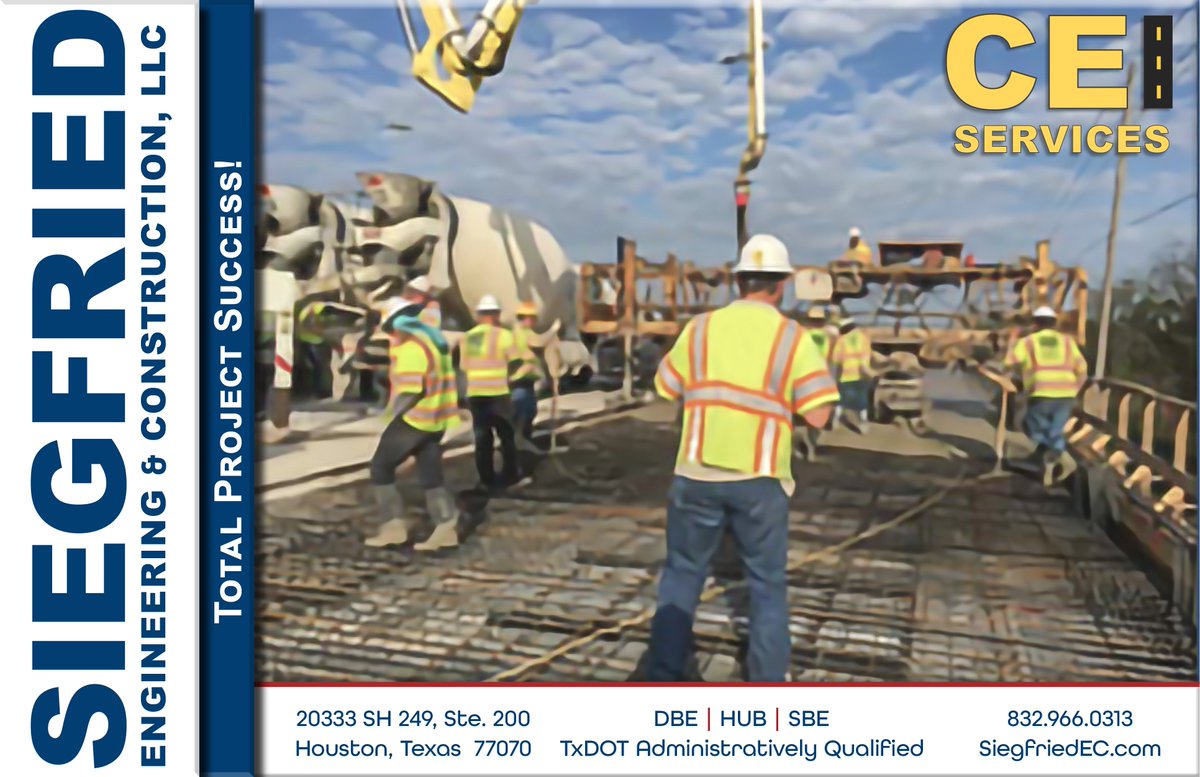 Siegfried_EC's tweet photo. Count on #Siegfried Engineering & Construction for safe roads & bridges. Our Construction Engineering & Inspection staff are on site to do the job right. #TotalProjectSuccess
#Siegfried #SEC #CivilEngineeringFirm #TxDOTprecertified #CEI #PSE #HUB #DBE #SBE https://t.co/pSg7wGZtCL