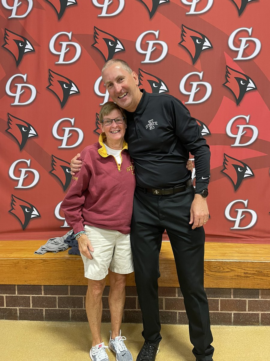 zclark31's tweet photo. During his visit to CD today, I think @IASTATEAD learned what most of us that spend time around Bonnie already know….
1) She is the 🐐. 
2) You better be ready for a hug because she is going to give you one. https://t.co/bqWKqb0SNC