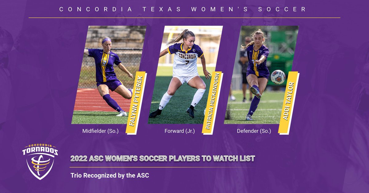 Patricia Heckendorn, Falynn Pyterek &amp; Addi Taylor have all been named to the 2022 ASC Women’s Soccer Players To Watch List!

The trio looks to help lead <a href="/CTXWSOC/">CTX Women’s Soccer🌪</a> into a successful campaign for the 2022 campaign starting on Sept. 1st! #TornadoNation 

🔗: bit.ly/3dWp4YA