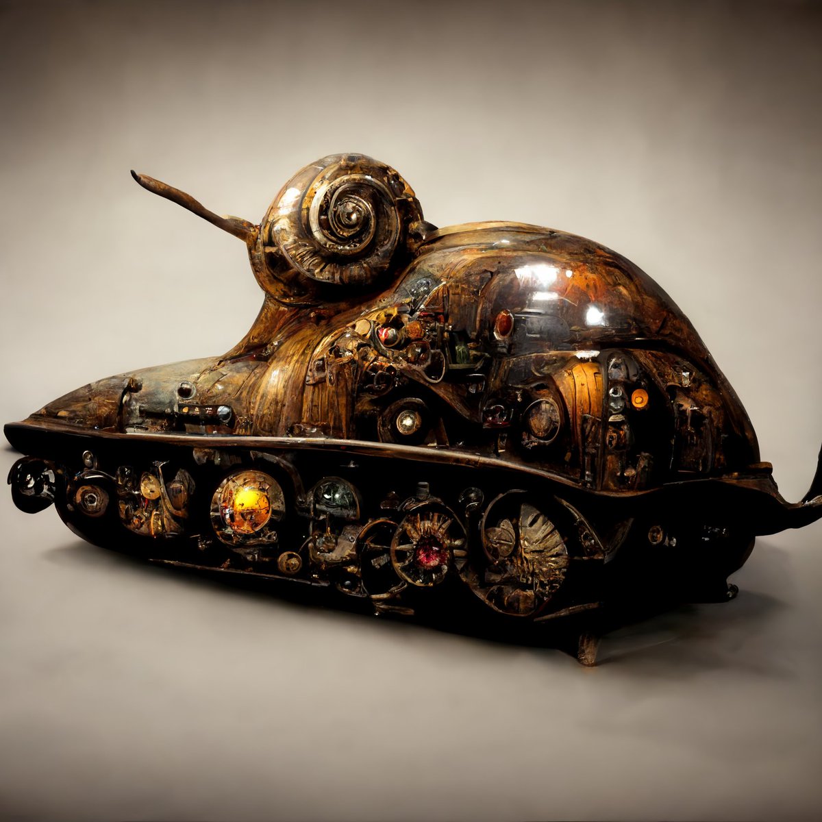 /imagine A snail with  Sherman tank shell, hyper realistic, steampunk, 4k....