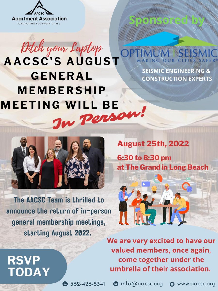 theaacsc's tweet photo. 2 DAYS AWAY!! Register Today and join us at the Grand for our August GMM!! 
https://t.co/iYiHKIbalH
Sponsored by Optimum Seismic, the industry leader in seismic and earthquake retrofit contracting. https://t.co/UvlnZFg4Ux