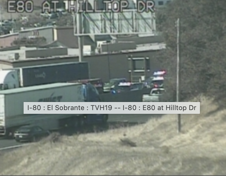 KCBSAMFMTraffic's tweet photo. #Richmond #I80 Westbound at Hilltop there is a police investigation going on in the 2 left lanes. Traffic is jammed from #PinoleValley Rd. #KCBSTraffic 
📷: Caltrans https://t.co/HOjEdmX7Ih
