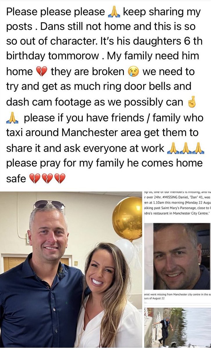 Dan has sadly still not been found and is still classed as a #MissingPerson. Thanks to the hundreds of people who retweeted my last post. If you can keep retweeting it really would be appreciated. #DanLee