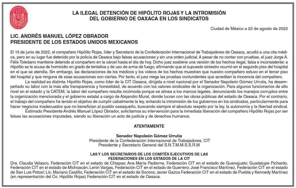 Tomas7J's tweet photo. Juez d control de @tsjoaxaca niega la libertad al dirigente dl Secretario d Confederación d Trabajadores d Oaxaca, Hipólito Rojas a pesar d haber mostrado los videos donde corrobora que fue a una cita médica.
El senador @NGomezUrrutiaMx  pide intervención d @lopezobrador_ https://t.co/7zvBe8NUor