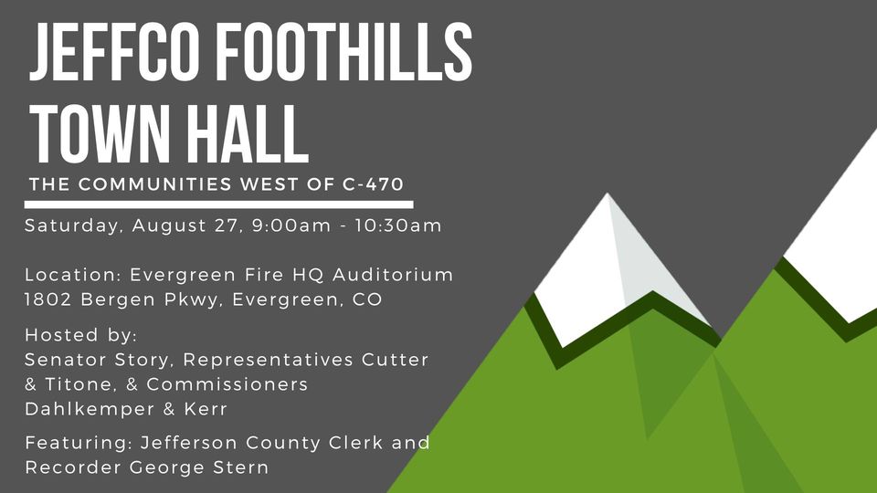 Story4CO's tweet photo. Remember to come out for our Jeffco Foothills Town Hall, taking place at Evergreen Fire Rescue Station in Bergen Park on Saturday, August 27th at 9am!
We will be joined by special guest Jefferson County Clerk & Recorder George Stern.
More here: https://t.co/P3PZYT256i https://t.co/9GFC8ca5z2